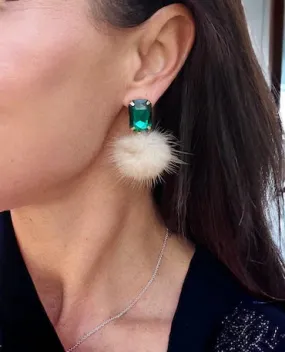 Emerald Mink Pom Pom Earrings