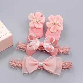 Pink Flower Headband and Socks Set for Little Angel – 3 Pieces