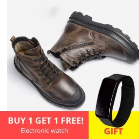 Retro Genuine Leather Warm Zip Basic Style Men Boots